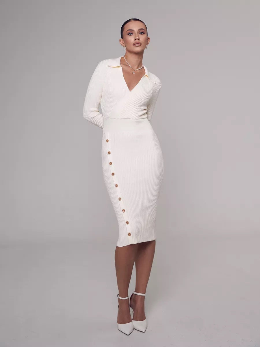 Damen Strickkleid mit Knopfdetails und elegantem V-Ausschnitt Drune