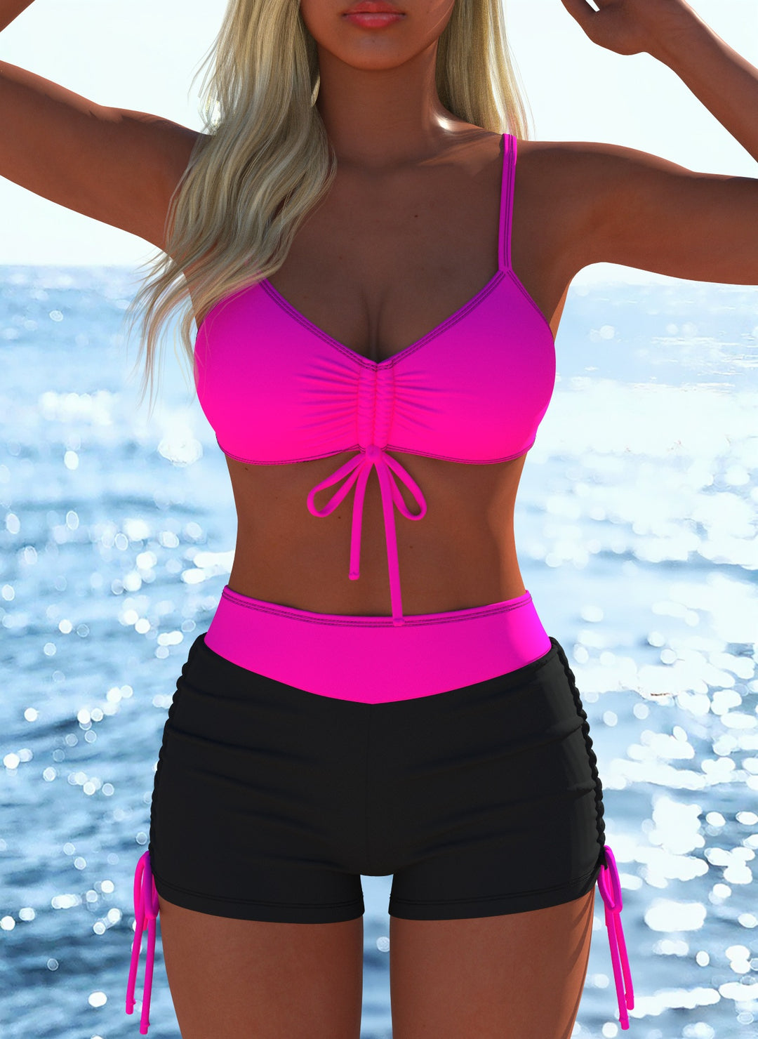 Damen Bikini-Oberteil und Hochschnitt Badeshorts Drune