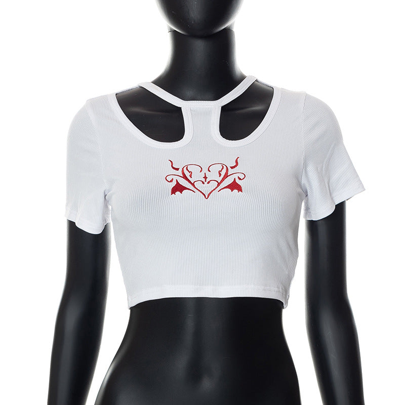 Damen Crop-Top mit kreativem Cut-Out und gesticktem Herzdesign Drune