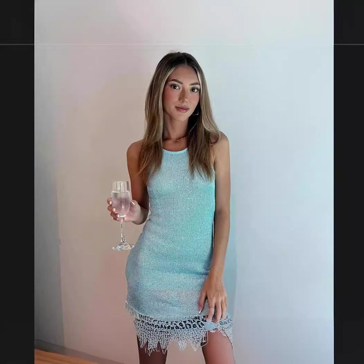 Damen Mini-Kleid aus luftiger Strickstruktur mit fransigen Abschlüssen Drune