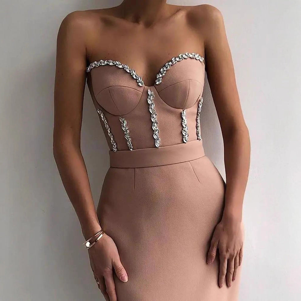 Damen figurbetontes Abendkleid mit eleganter Bustier-Optik und schimmernden Applikationen Drune