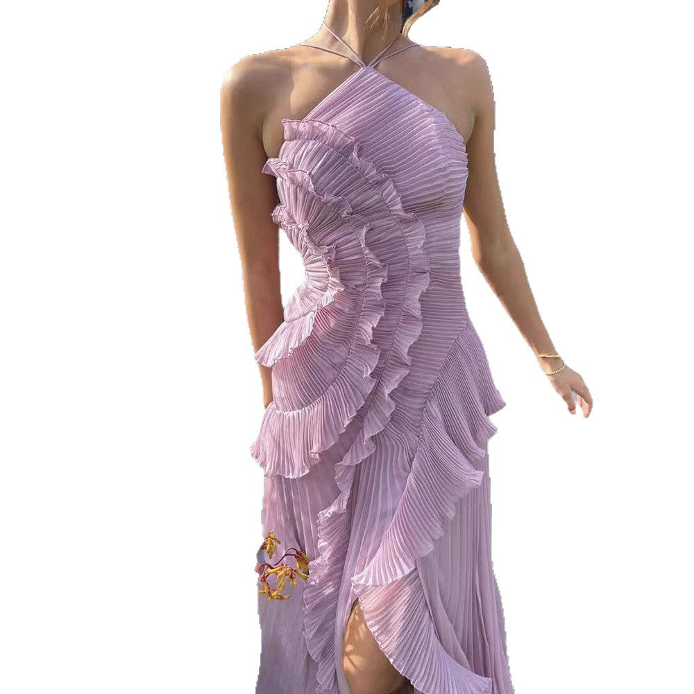 Damen Elegantes Wickelkleid mit fließendem Faltenrock und asymmetrischen Rüschendetails Drune