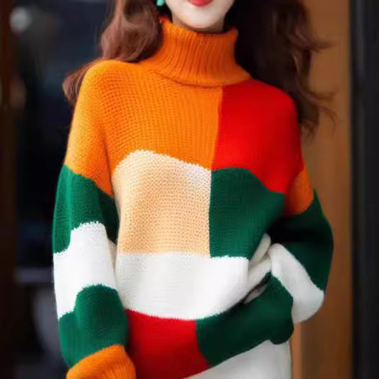 Damen Grobstrickpullover mit hohem Kragen und buntem Farbblockdesign Drune