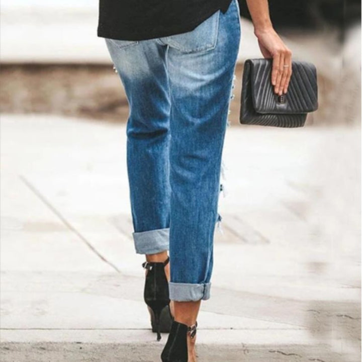 Damen Destroyed Slim-Fit Jeans mit trendigen Ausfransungen Drune