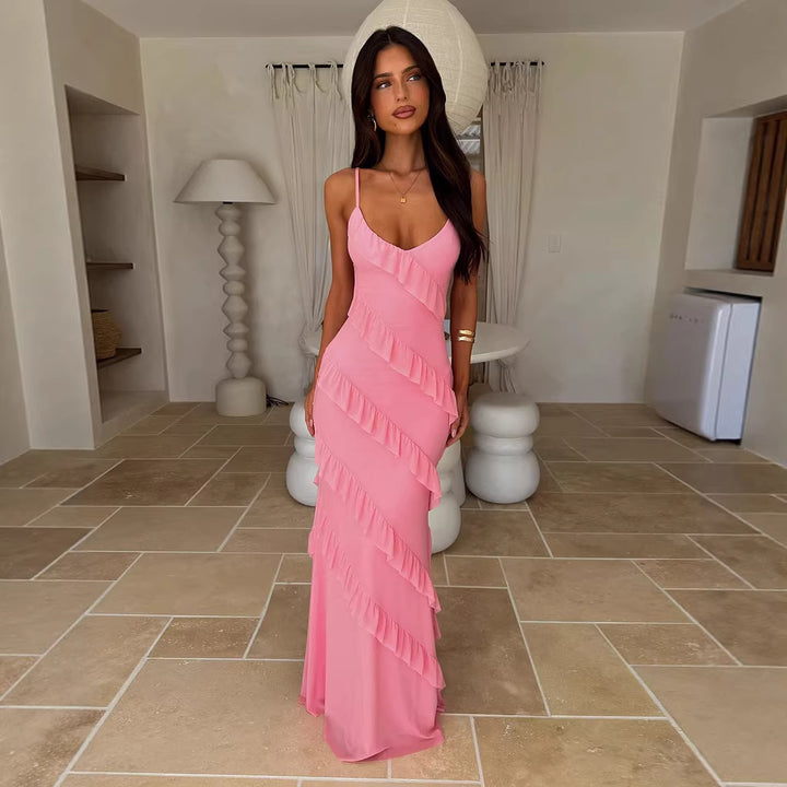 Damen Maxikleid mit elegantem Volantdesign und verstellbaren Trägern Drune