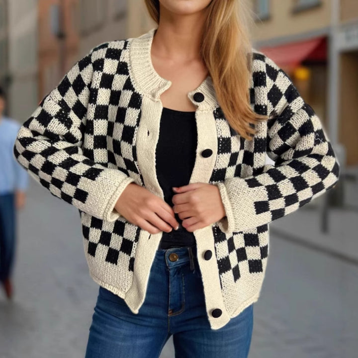 Damen gemusterte Strickjacke mit großen Knöpfen und lockerem Schnitt Drune
