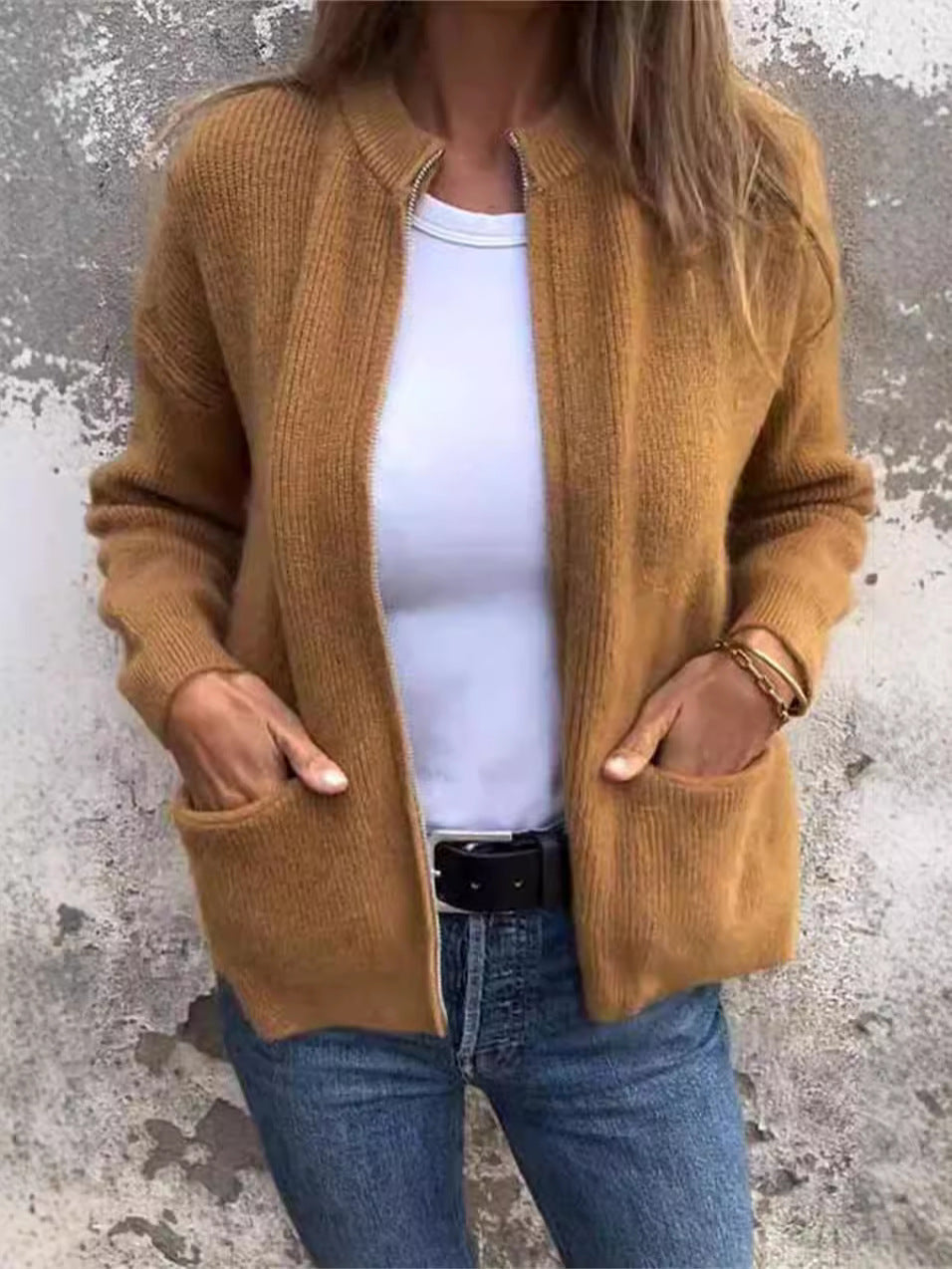 Drune | Reißverschlussjacke - Lockere Passform - Rippstrick - Stehkragen - Lässige Taschen