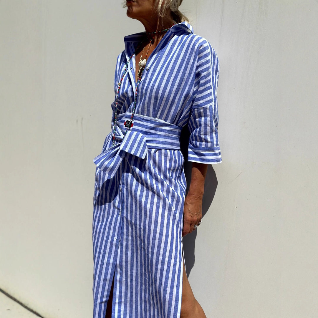 Damen Hemdblusenkleid mit modernem Schnürdesign und seitlichen Schlitzen Drune
