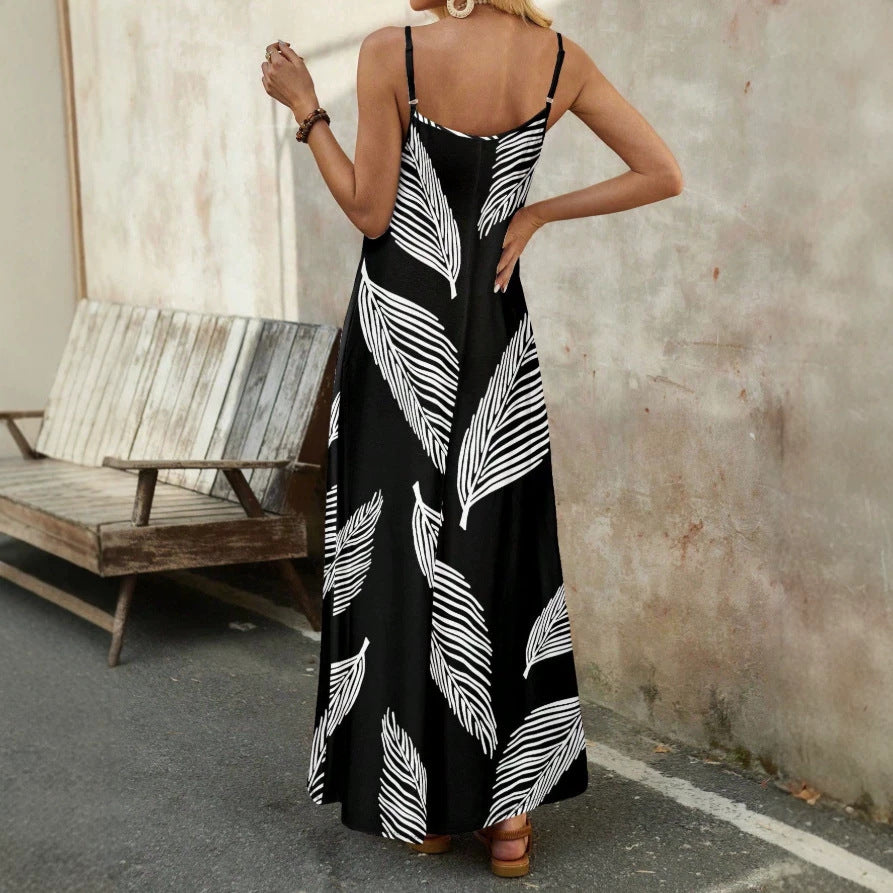 Damen Maxikleid mit elegantem Blätterdesign und feinen Spaghettiträgern Drune