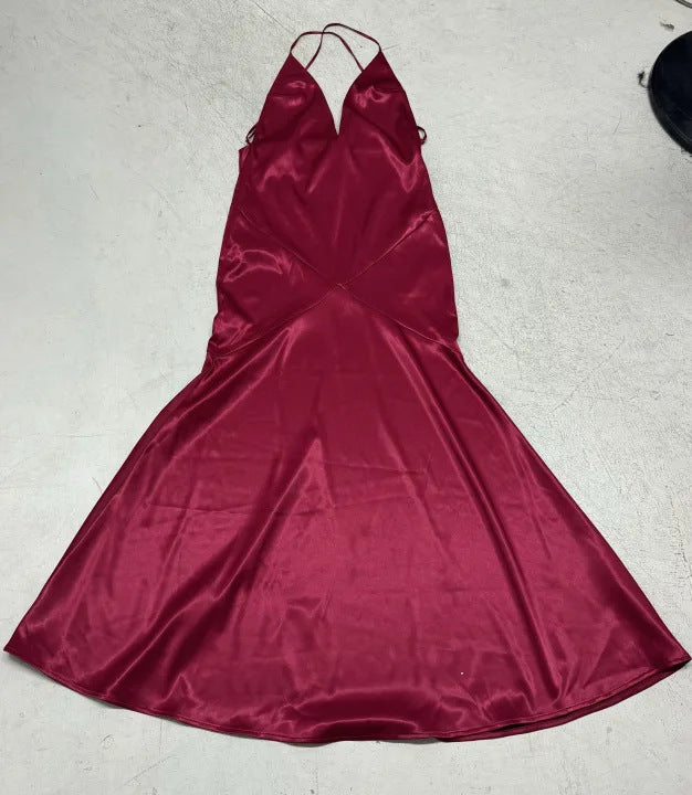 Damen elegantes Maxikleid mit tiefem V-Ausschnitt und fließendem Stoff Drune