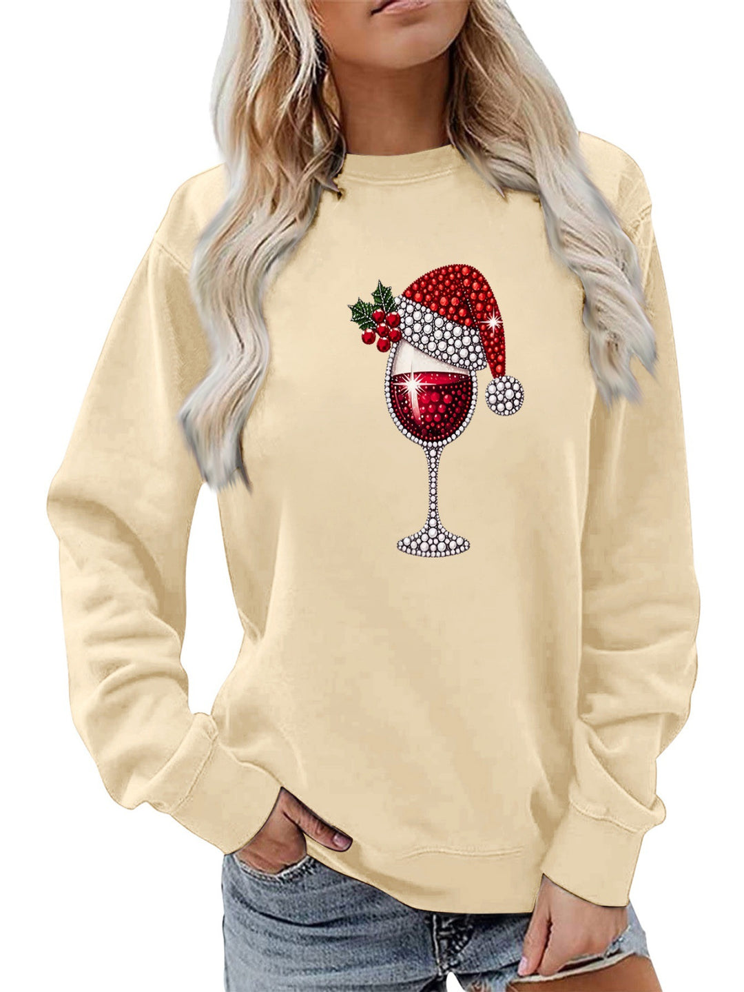 Damen Sweatshirt mit weichem Innenfutter und festlichem Weinmotiv Drune