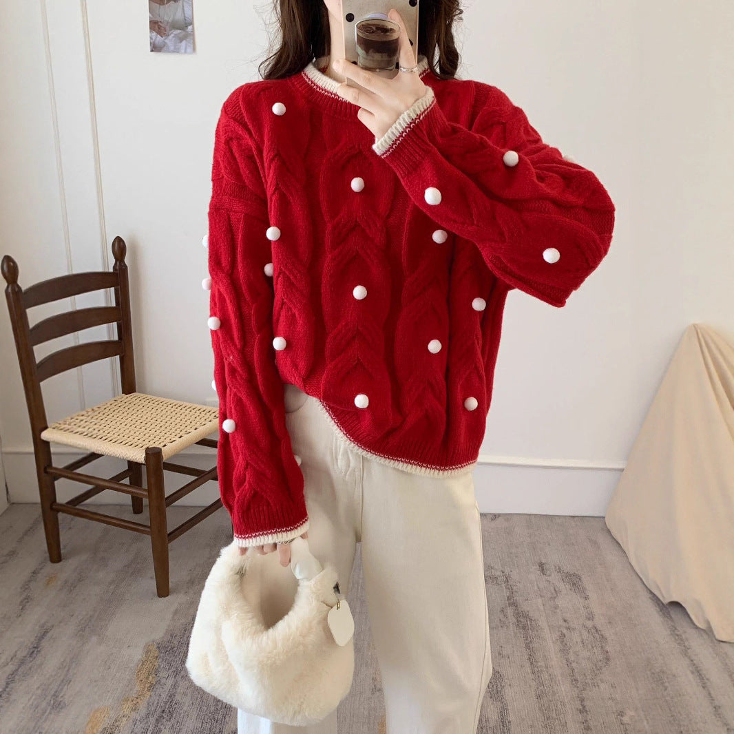 Damen Strickpullover mit doppelter Zopftextur und dekorativen Pompons Drune