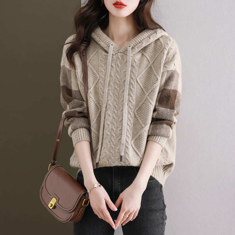 Damen Strickpullover mit Kapuze und modischem Karomuster Drune