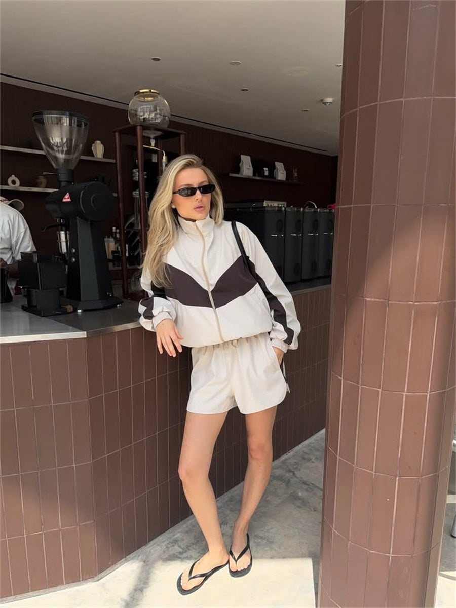 Damen nan lässiges Athleisure-Set mit windabweisender Kurzjacke, Stehkragen und elastischen Highwaist-Shorts Drune