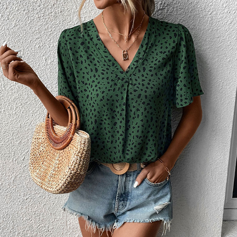 Damen V-Ausschnitt T-Shirt mit Leopardenmuster und fließendem Schnitt Drune