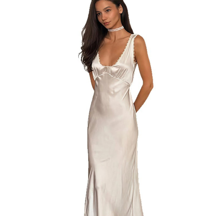 Damen Satin-Maxikleid mit elegantem V-Ausschnitt und feinen Details Drune