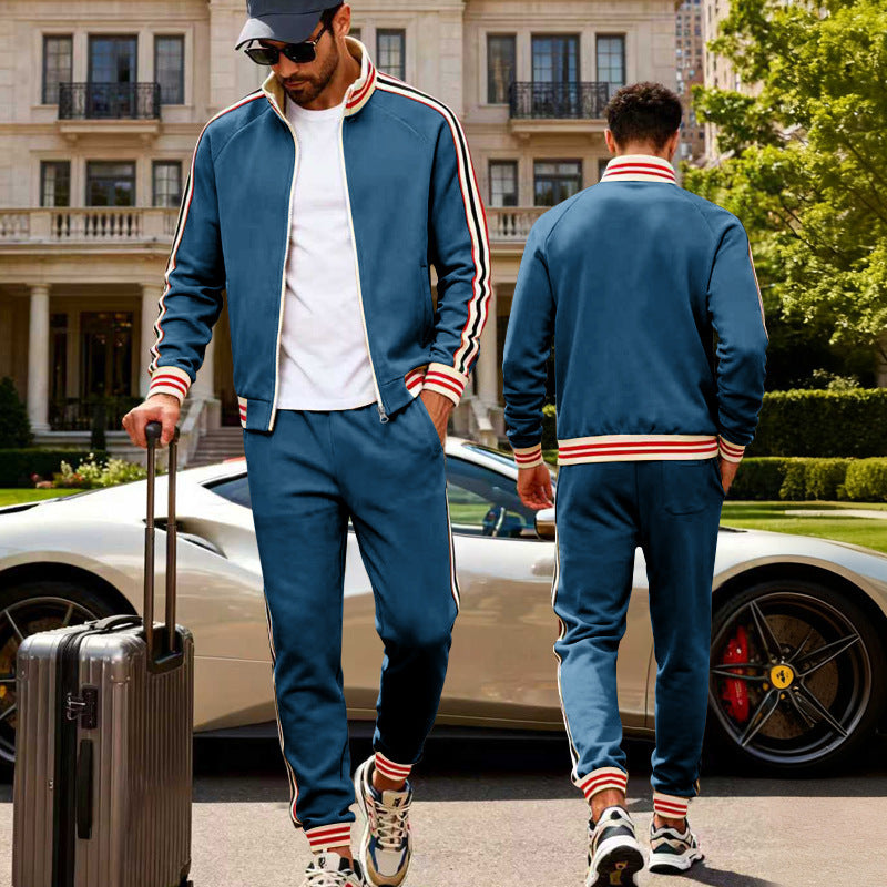 Herren nan sportiver Trainingsanzug mit gestreiften Rippbündchen, Reißverschlussjacke und tapered Jogginghose Drune