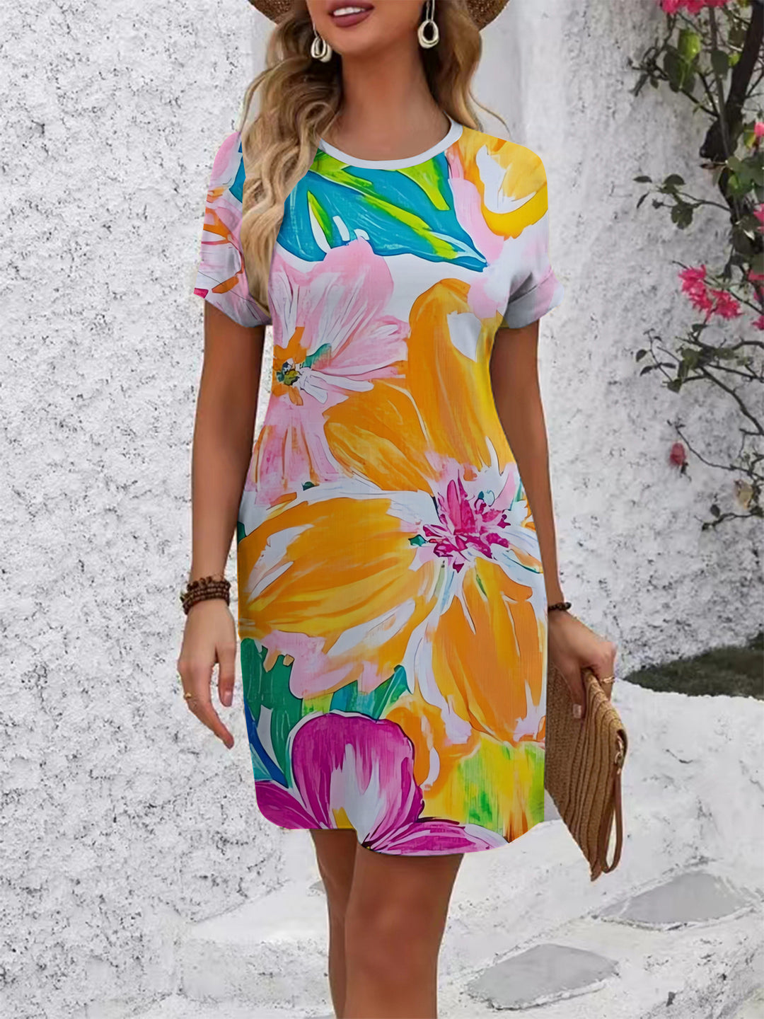 Damen lässiges T-Shirt Kleid mit buntem Blumenmuster und bequemem Schnitt Drune