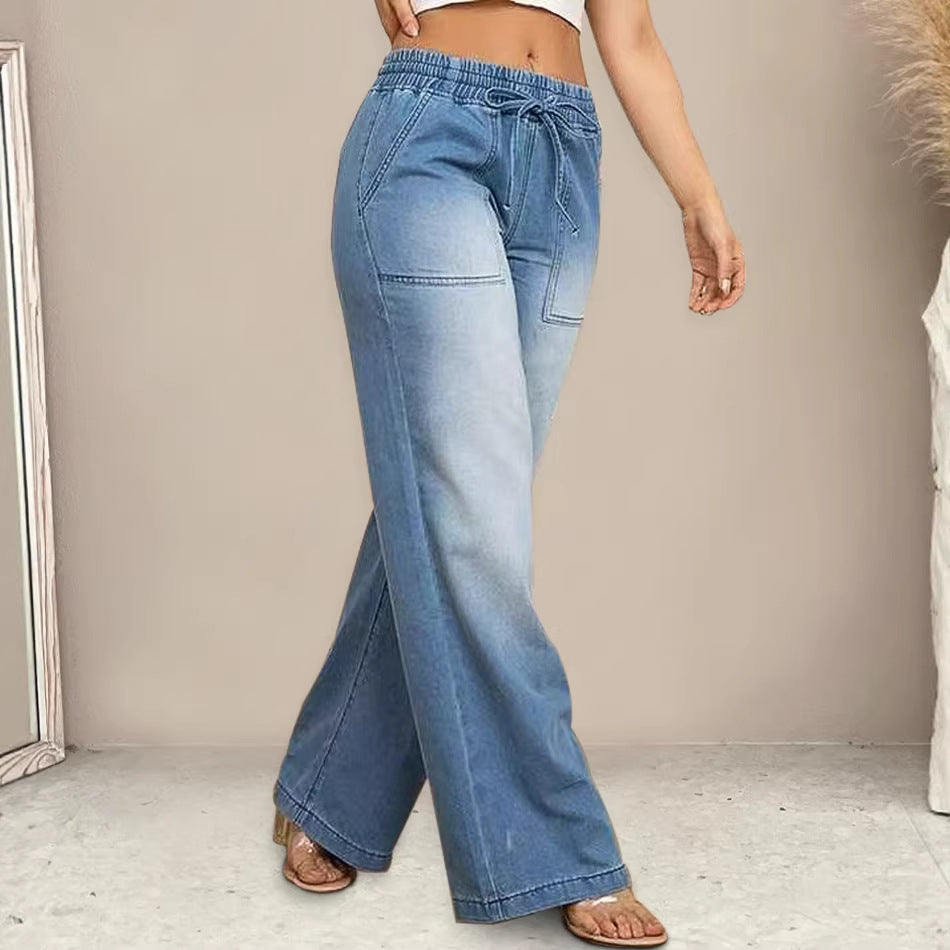 Damen Weit geschnittene Jeanshose mit elastischem Bund und modischem Used-Look Drune