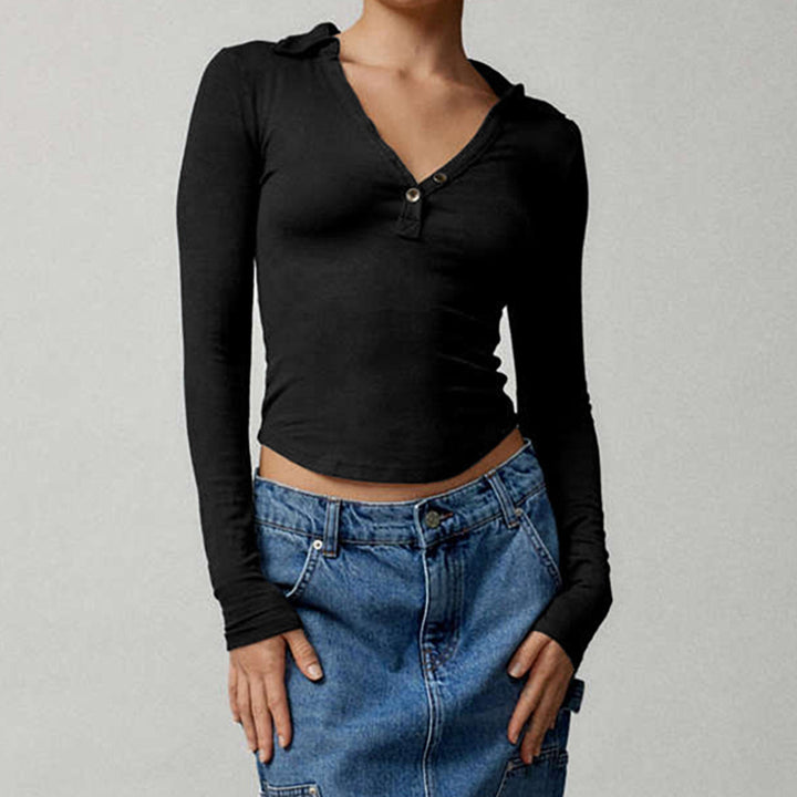 Damen Langarmshirt mit modischem Kragen und Knopfleiste Drune