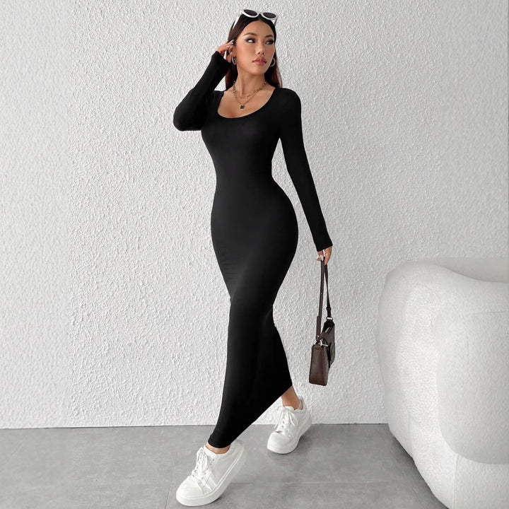 Damen figurbetontes Maxikleid mit langem Arm und elegantem Rundhalsausschnitt Drune