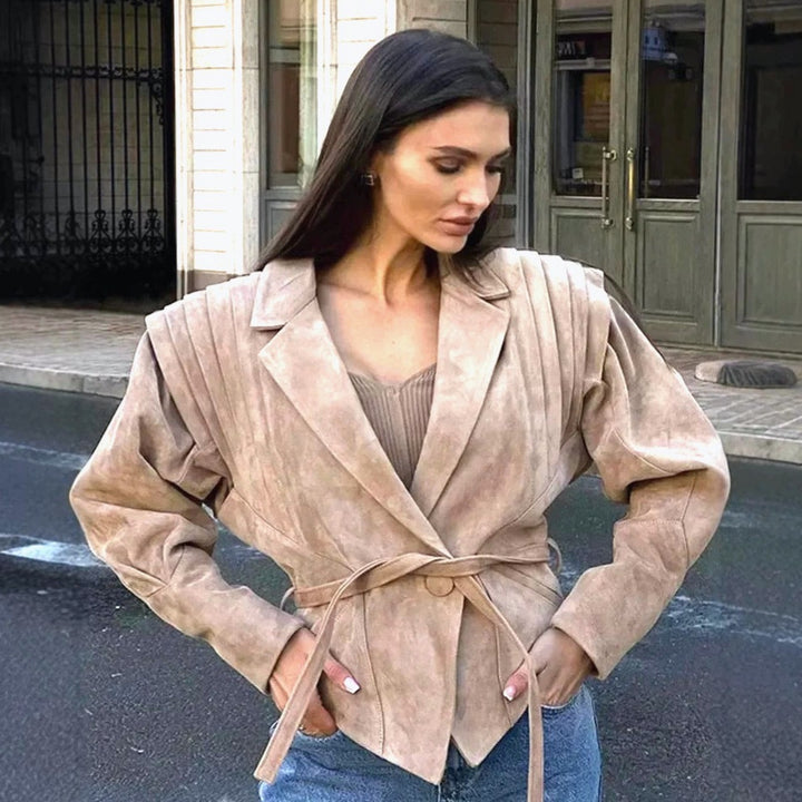 Damen nan taillierter Wildlederoptik Blazer mit Wickelgürtel und gerafften Schultern Drune