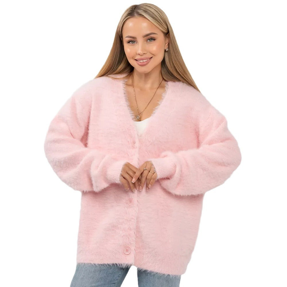 Damen kuscheliger Cardigan mit V-Ausschnitt und weichen Ärmeln Drune