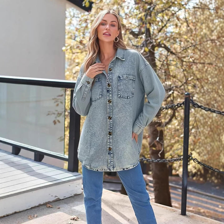 Damen Oversized Denim-Hemd mit aufgesetzten Taschen Drune