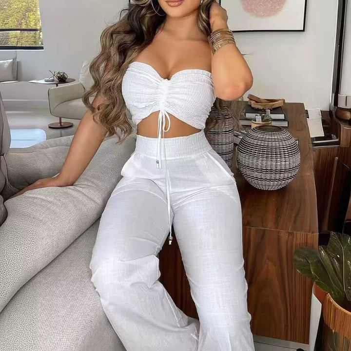 Damen Zweiteiliges Outfit aus leichtem Material mit verstellbarem Crop-Top und High-Waist-Hose Drune