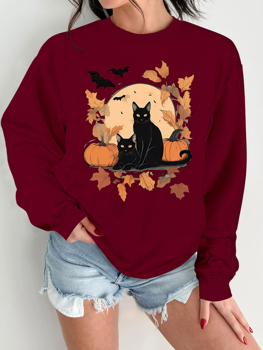 Damen Sweatshirt mit herbstlichem Katzen- und Kürbisdesign Drune
