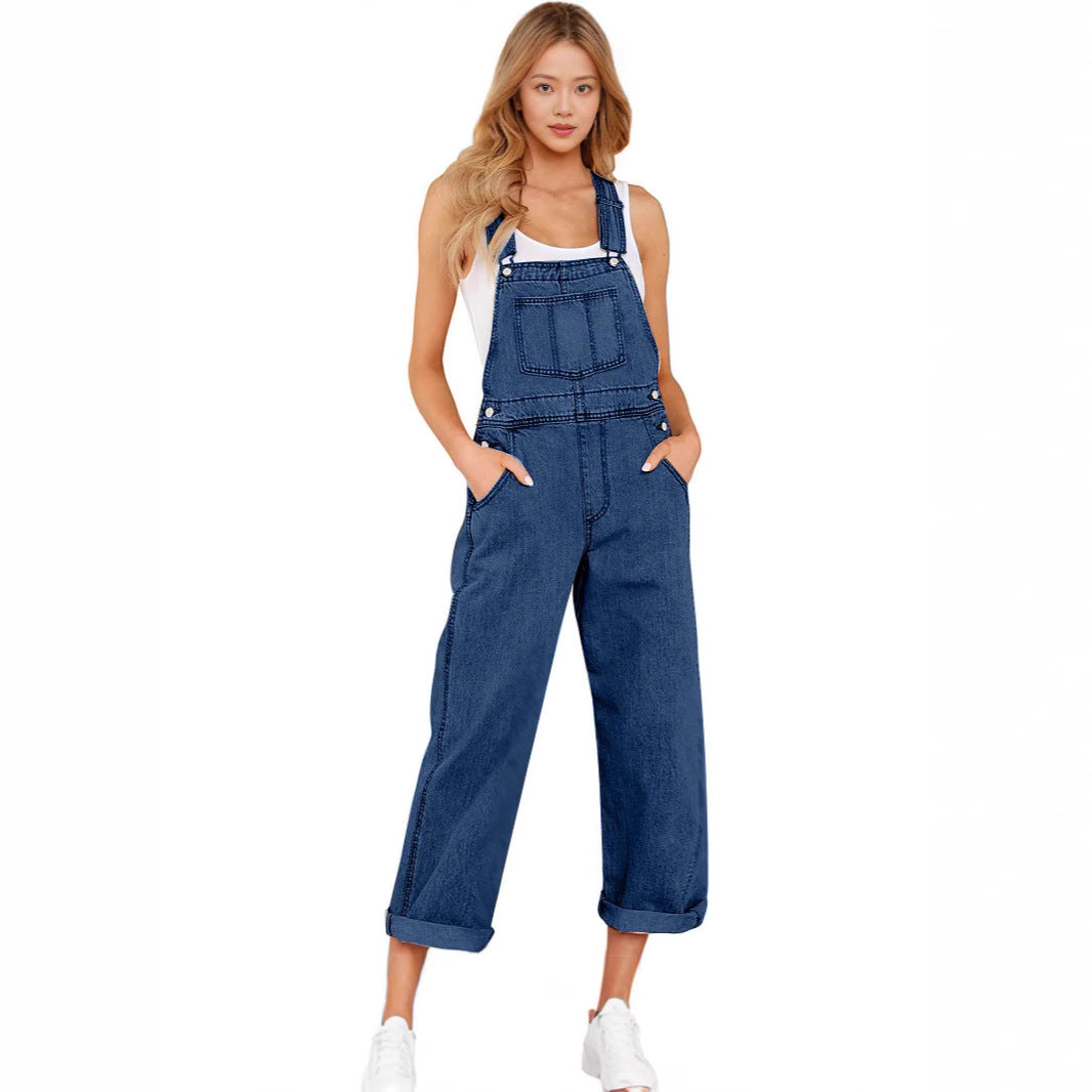 Damen lässige Denim-Latzhose mit praktischen Taschen und weiten Beinen Drune