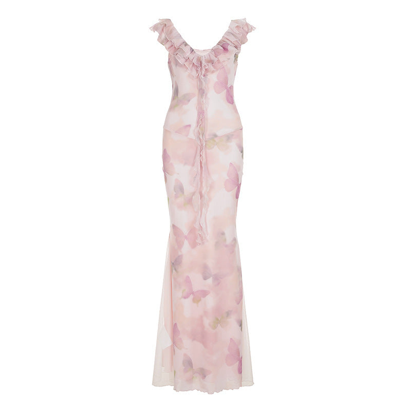 Damen Maxikleid aus transparentem Chiffon mit Rüschendetails und floralem Design Drune