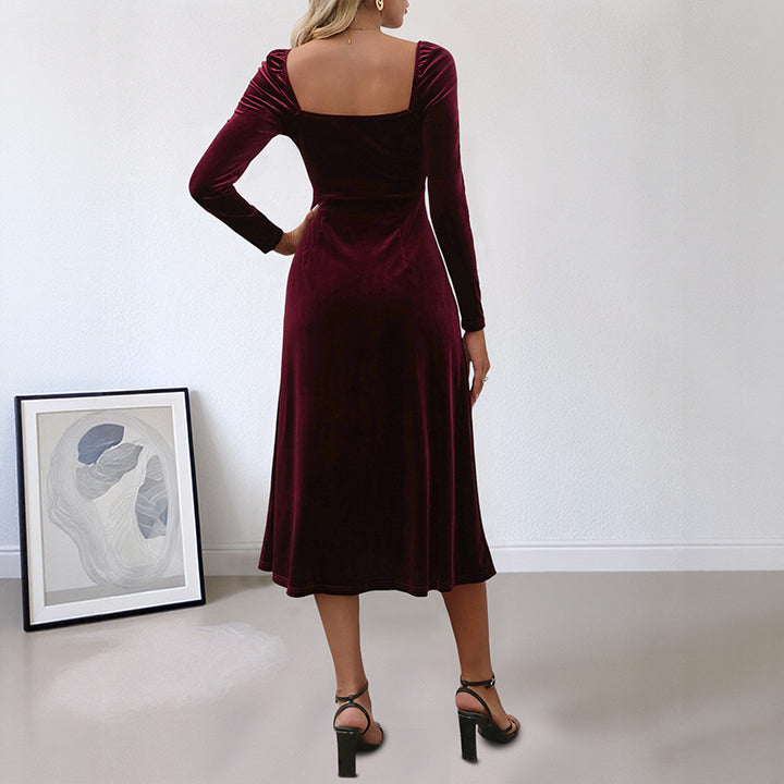 Damen elegantes Maxikleid mit raffiniertem V-Ausschnitt und langer Armel Drune