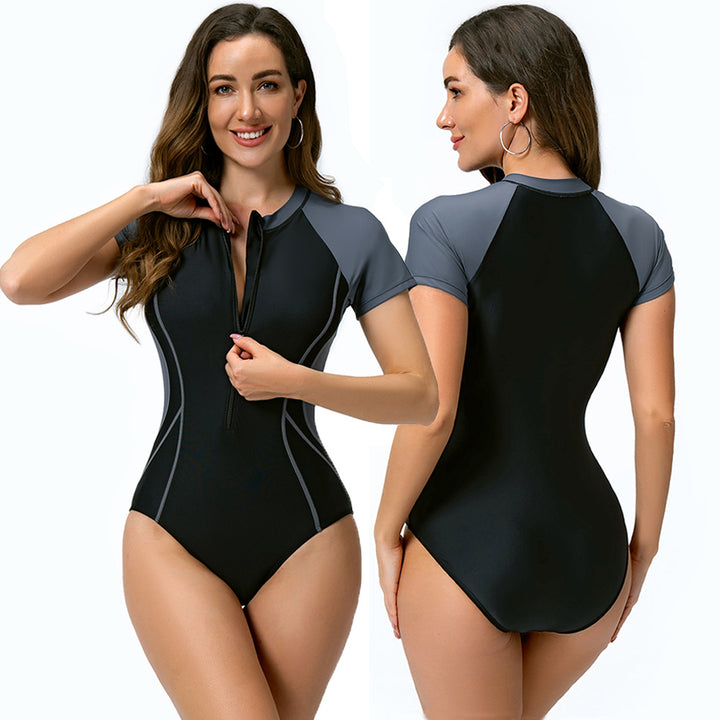 Damen Kurzarm Sportlicher Einteiler Badeanzug Drune