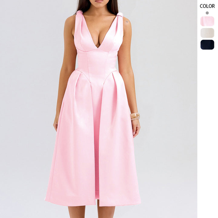 Damen Elegantes Midikleid mit traumhaftem V-Ausschnitt und eleganten Falten Drune