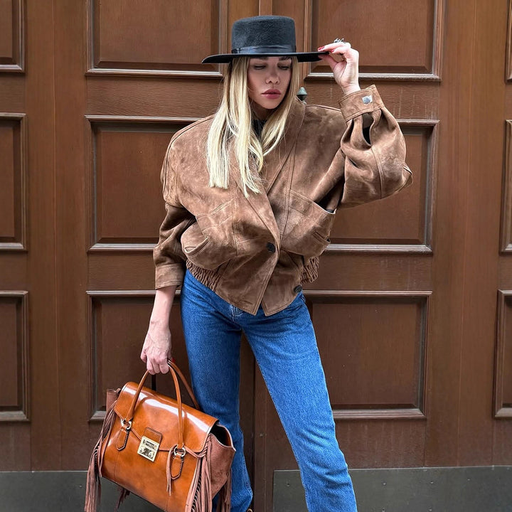 Damen Oversize Wildlederjacke mit modernem Schnitt und praktischen Taschen Drune
