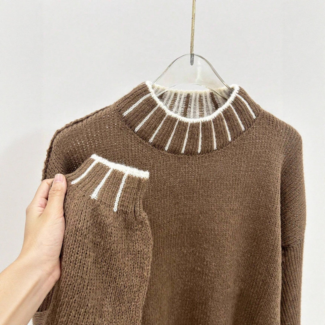 Damen lässiger Strickpullover mit hohem Kragen und anpassbaren Ärmeln Drune