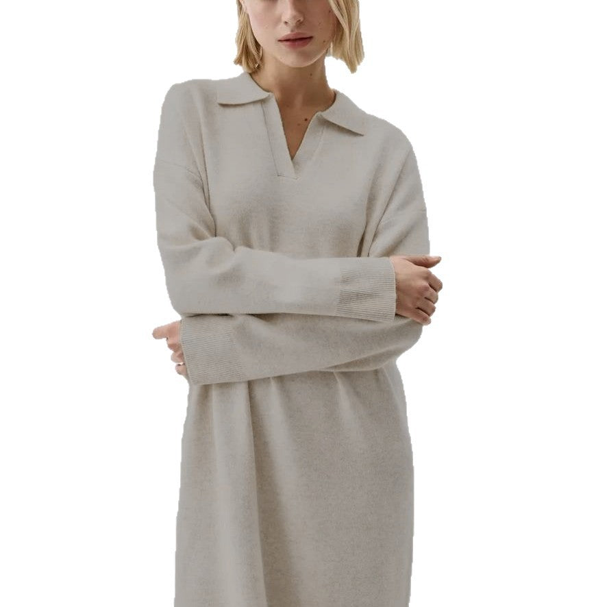 Damen Übergröße Strickkleid mit modernem Polokragen und langen Ärmeln Drune