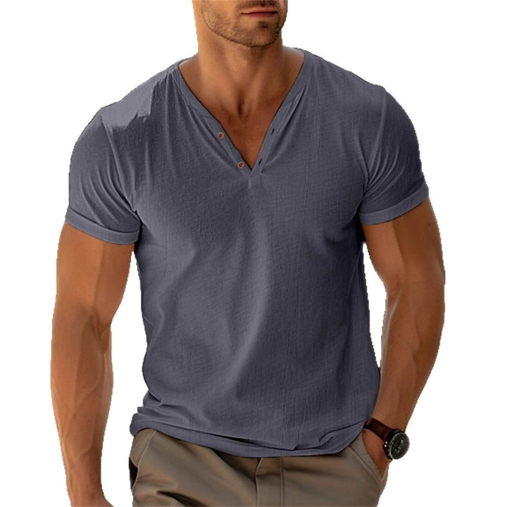 Herren V-Ausschnitt Kurzarm T-Shirt mit Knopfleiste Drune
