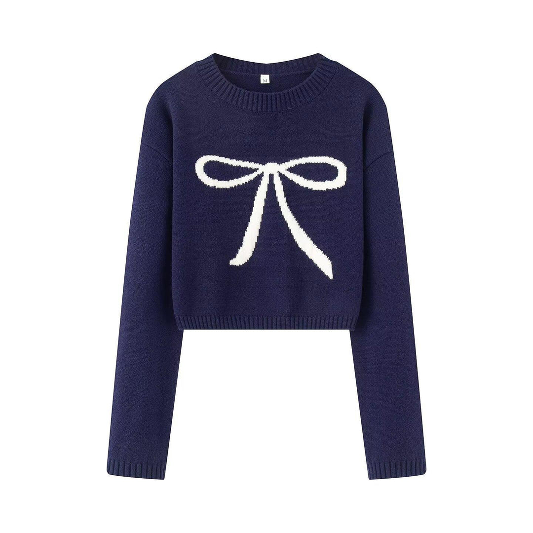 Damen cropped Strickpullover mit dekorativem Schleifendesign Drune