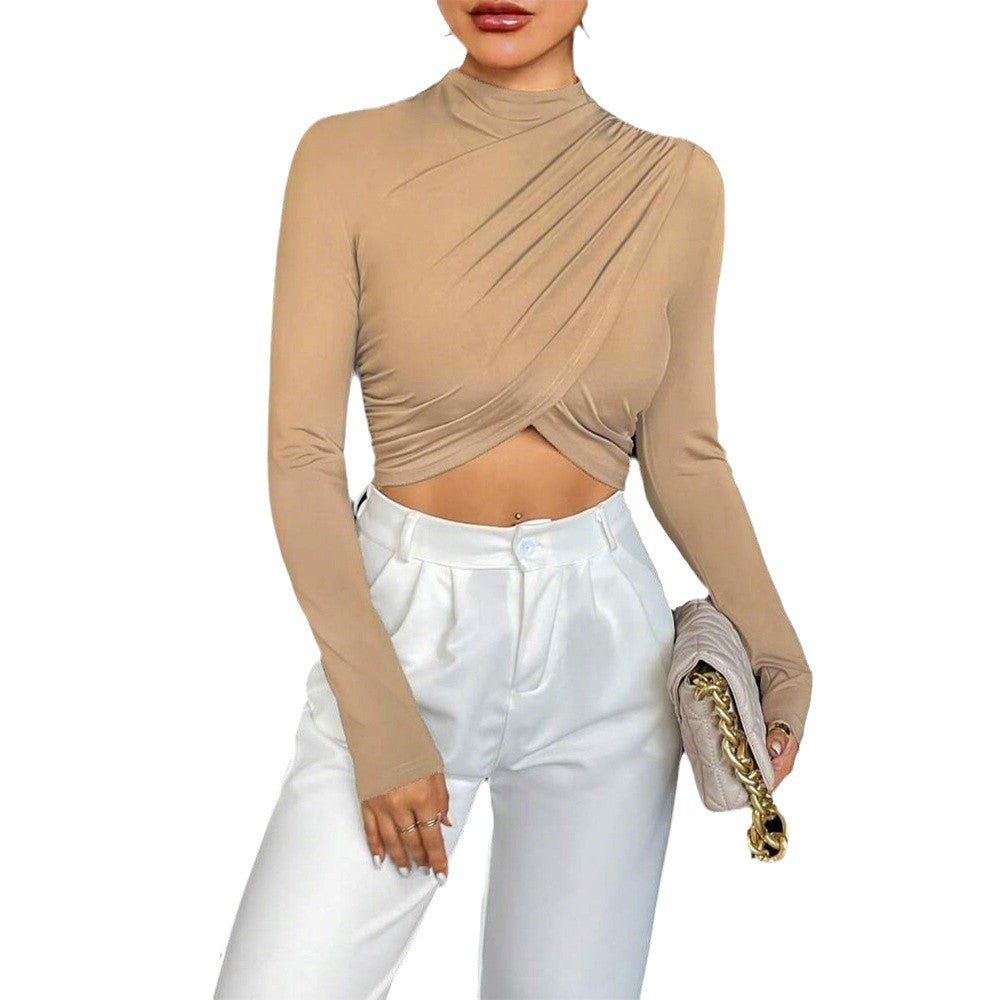 Damen Langarm Crop-Top mit asymmetrischer Drapierung und elegantem Stehkragen Drune