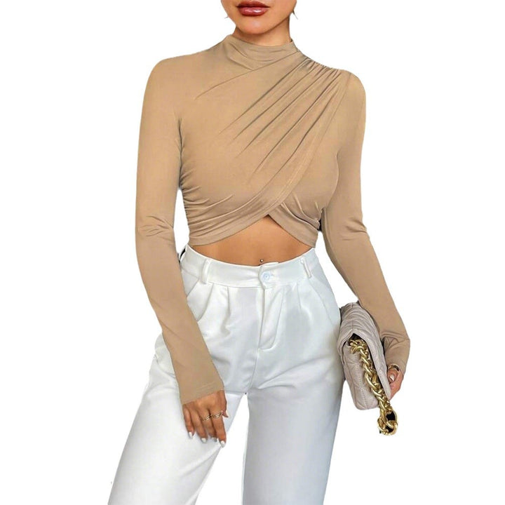 Damen Langarm Crop-Top mit asymmetrischer Drapierung und elegantem Stehkragen Drune