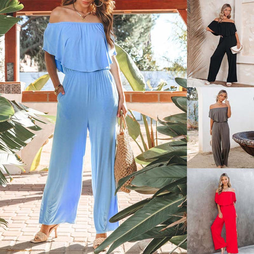 Damen Off-Shoulder Jumpsuit mit weitem Bein und elastischem Bund Drune