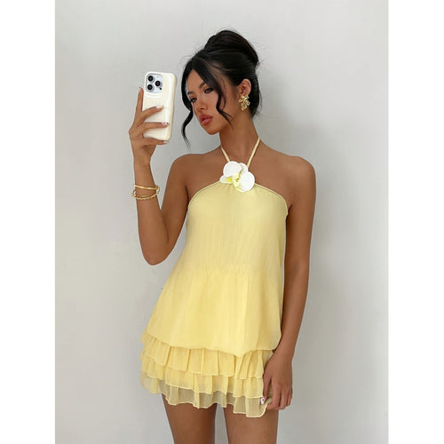 Damen Neckholder Kleid mit Rüschendetails und floralem Akzent Drune