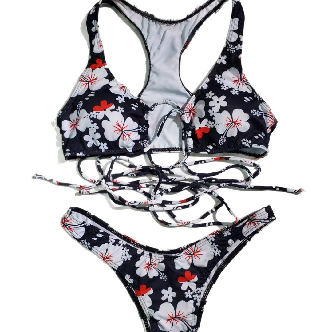 Damen Triangel-Bikini mit aufregendem Schnür-Design und Blumenmuster Drune