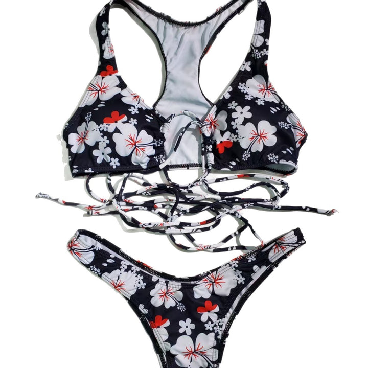 Damen Triangel-Bikini mit aufregendem Schnür-Design und Blumenmuster Drune