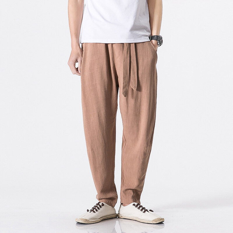 Herren nan entspannte Leinen-Baumwoll Harem-Joggerhose mit verdecktem Tunnelzug und tapered Bein Drune