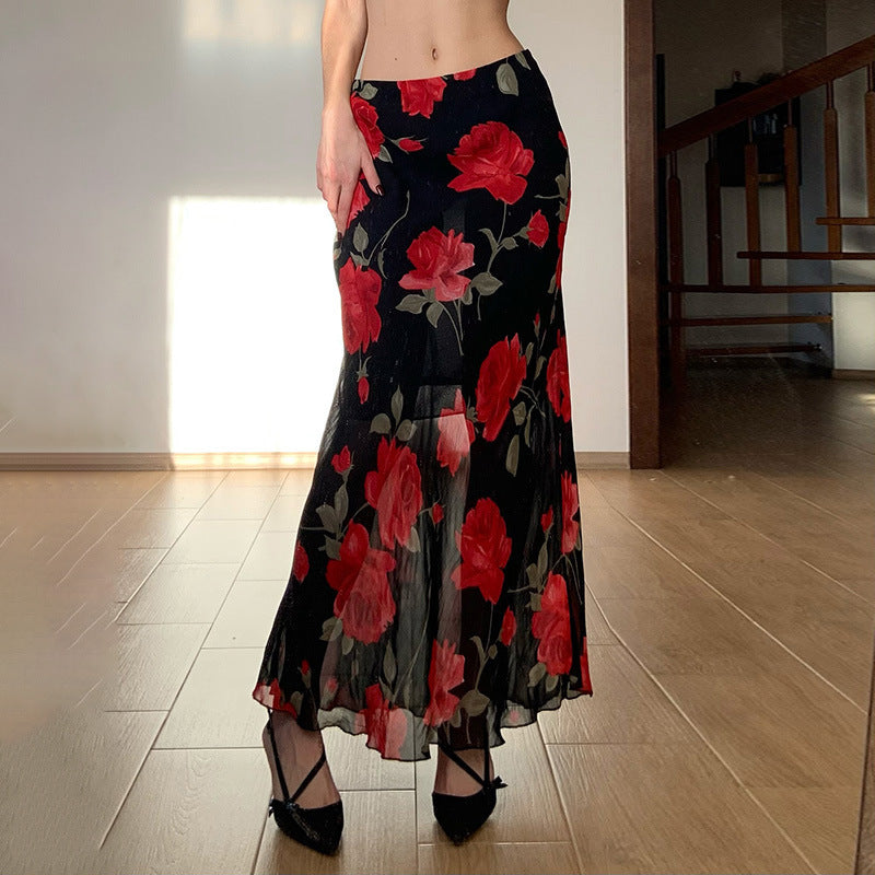 Damen Maxirock mit floralen Mustern und transparenter Spitze Drune