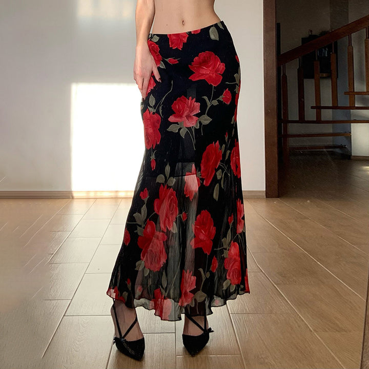 Damen Maxirock mit floralen Mustern und transparenter Spitze Drune