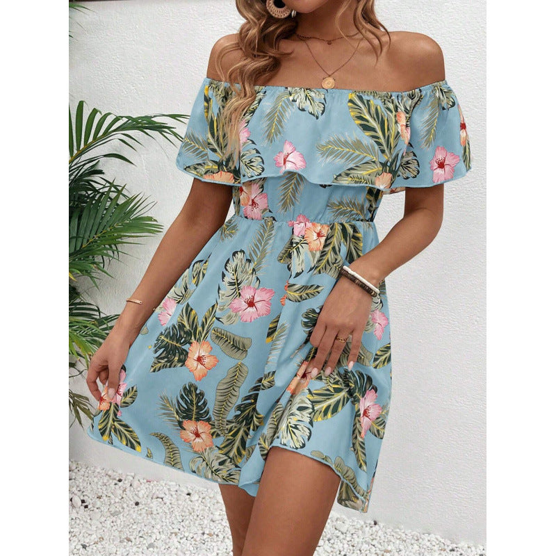 Damen Off-Shoulder Sommerkleid mit floralem Muster Drune